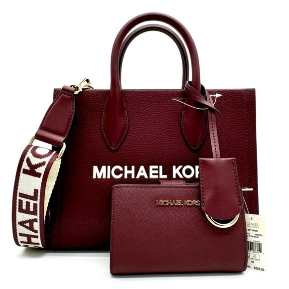 Michael Kors Mirella Small Crossbody Bag & Medium Zip Chain Wallet Ox Blood - Picture 1 of 13